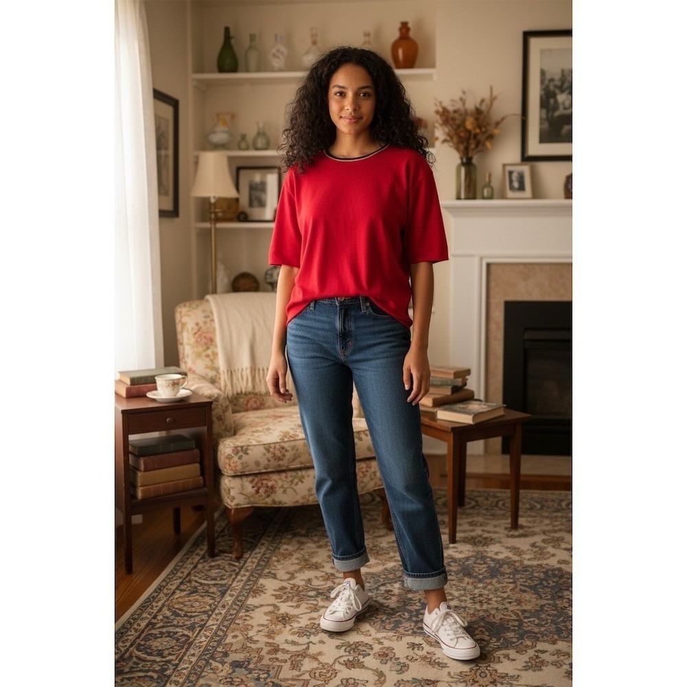 Grandmacore Kim Rogers Top Womens 2XL Plus Red Knit Short Sleeve Crew Neck Trim